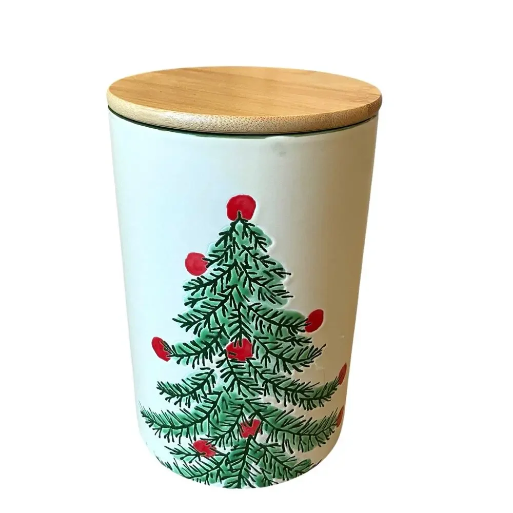 ELI & ANA Erma Christmas Tree Ceramic Canister Cookie Jar w/ Wood Lid 7.5in NEW